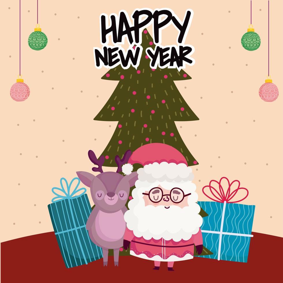 happy new year cute santa reindder with tree and gifts card vector