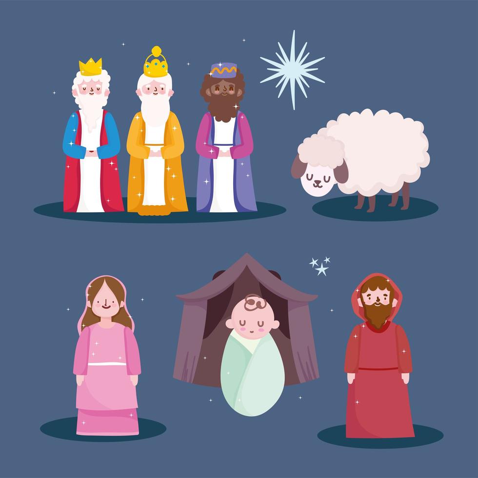 nativity, characters family and wise kings manger cartoon vector