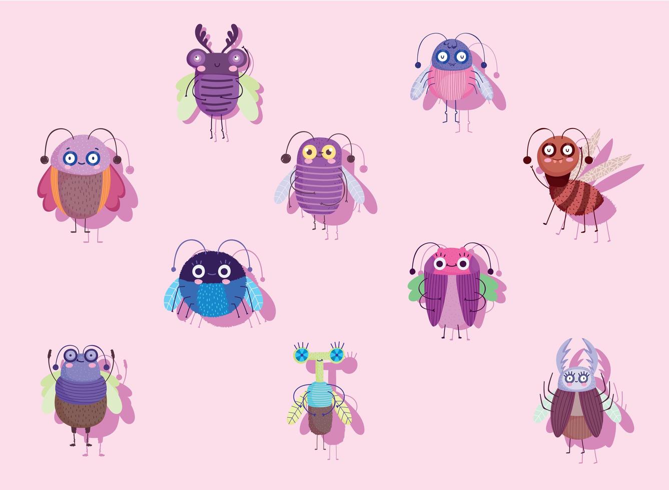 Divertidos bichos animal insecto con alas conjunto de iconos de dibujos animados vector