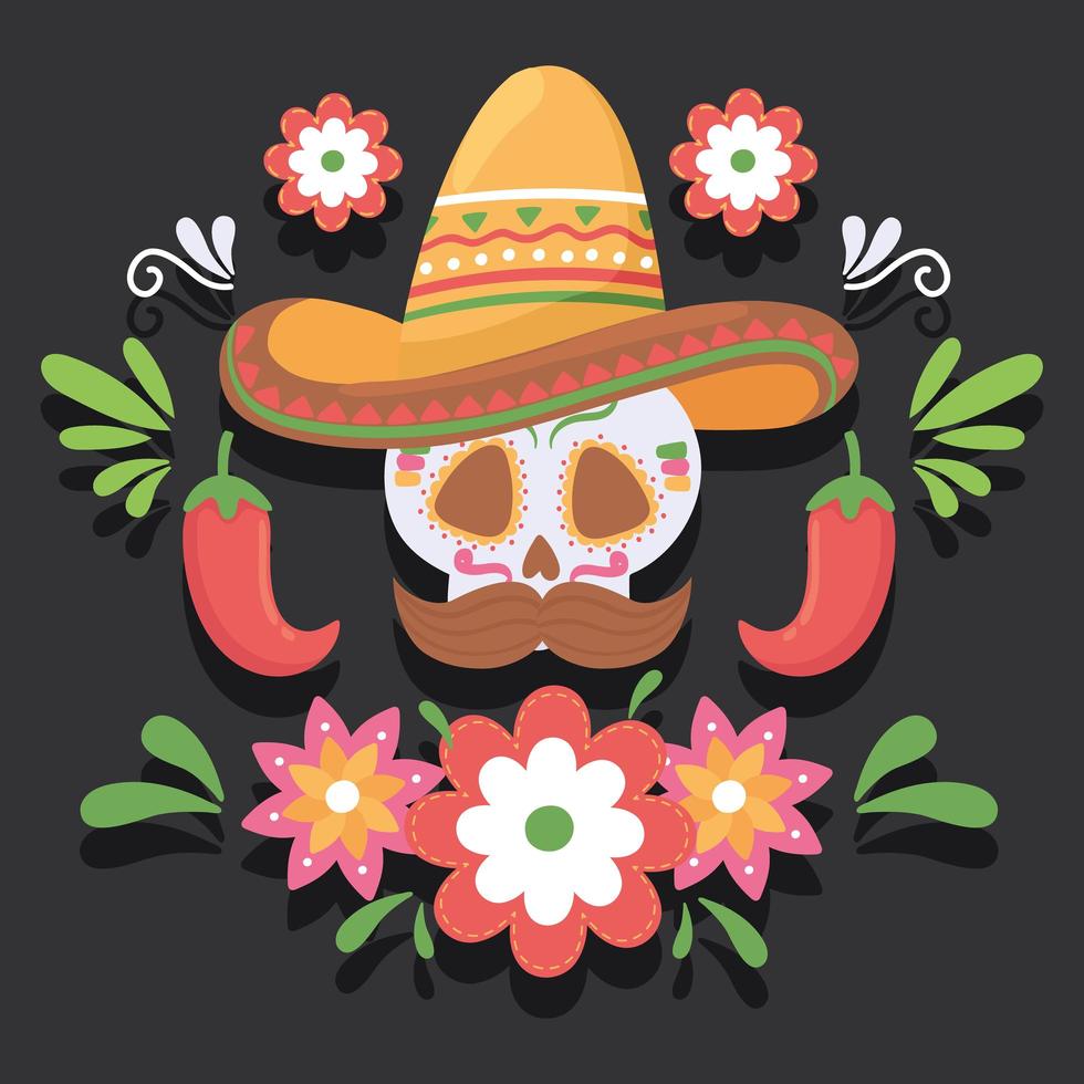 calavera mexicana con sombrero vector