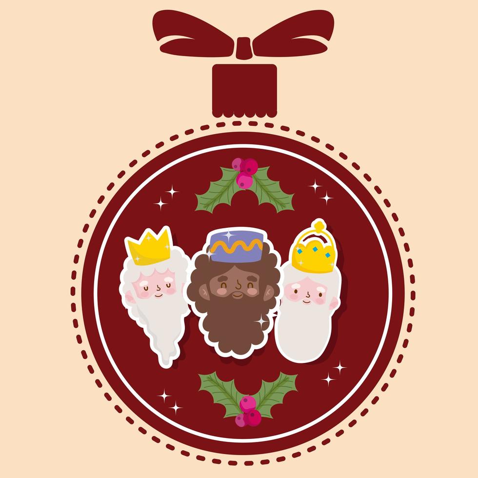 feliz epifanía, rostros de tres reyes magos en decoración de bolas vector