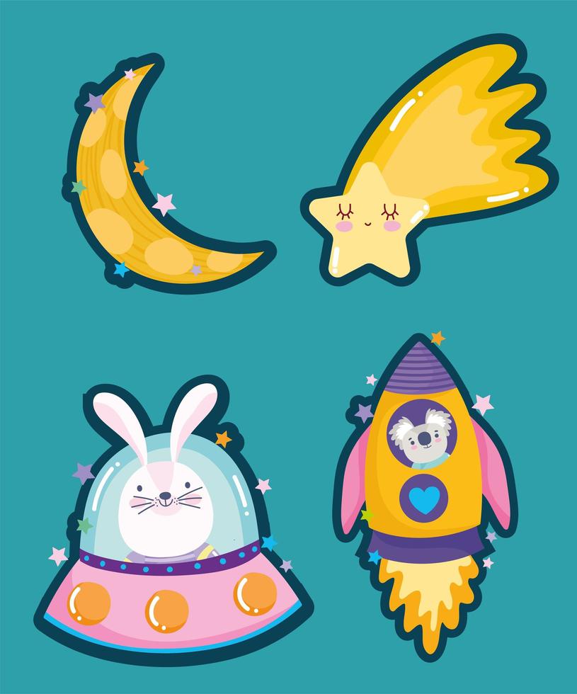 space rabbit and koala in rocket star and moon adventure explore animal cartoon icons vector