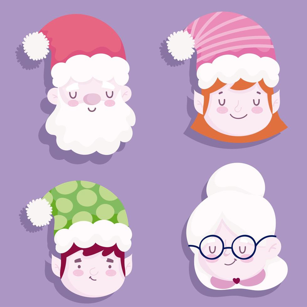 Feliz Navidad, caras lindas santa anciana y diseño de iconos de ayudantes vector