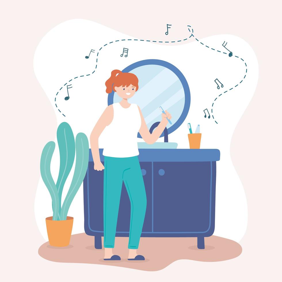 woman brushing and listen music vector