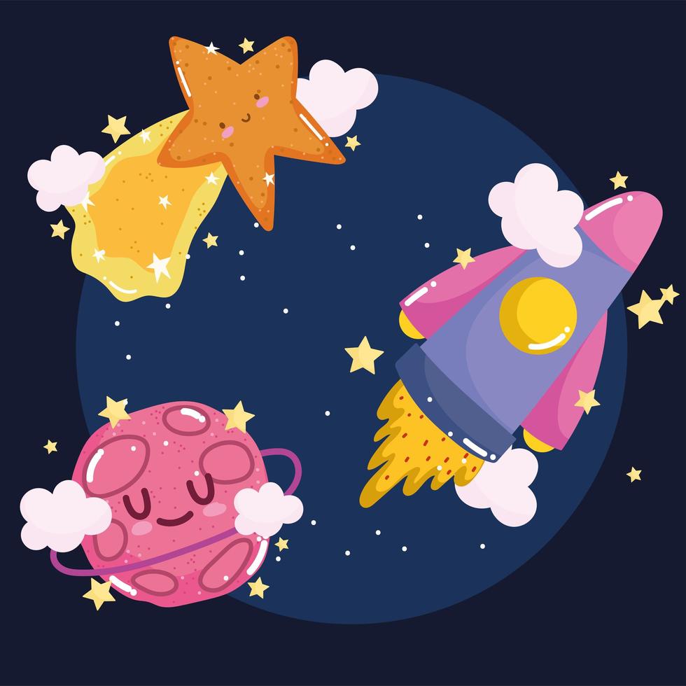 space spaceship shooting star and planet exploration adventure cute cartoon vector