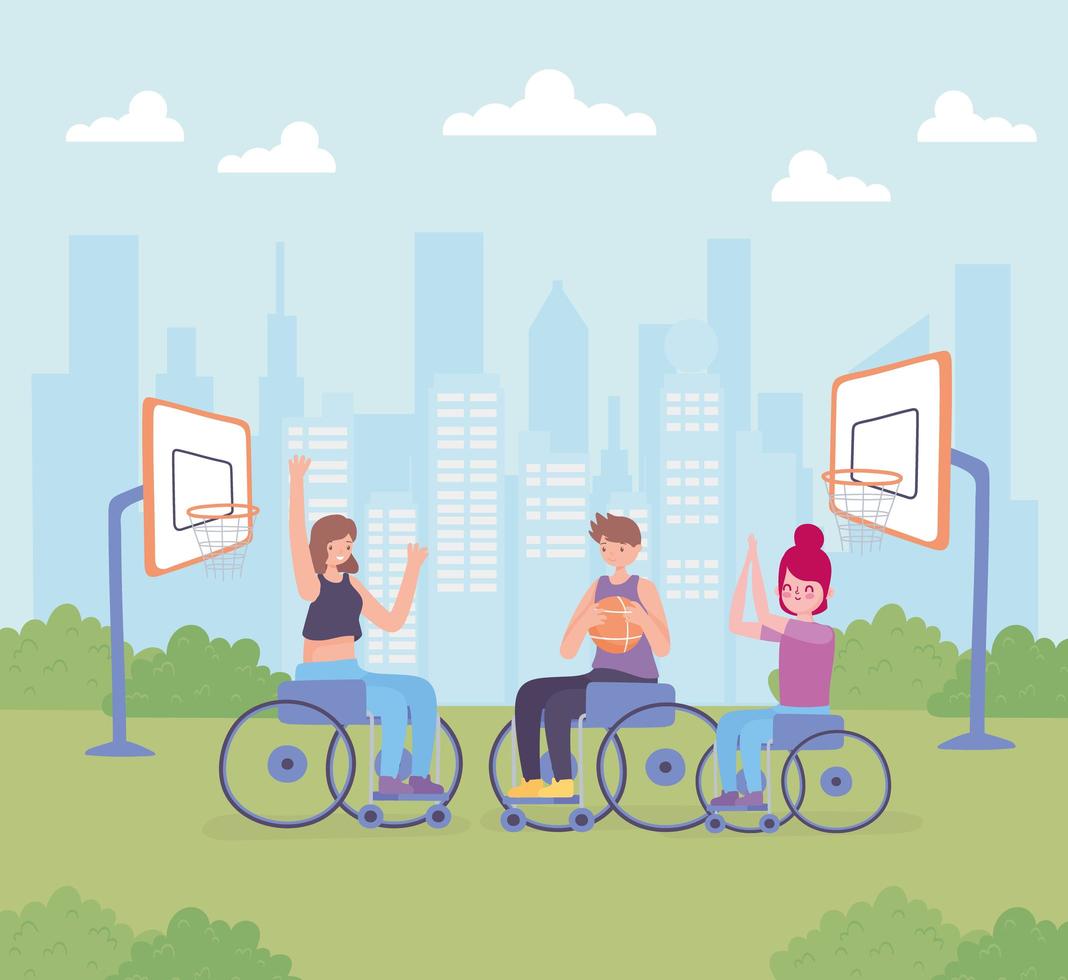 personas discapacitadas en silla de ruedas jugando vector