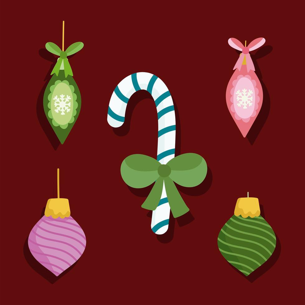 merry christmas icons set candy cane and balls decoration vector