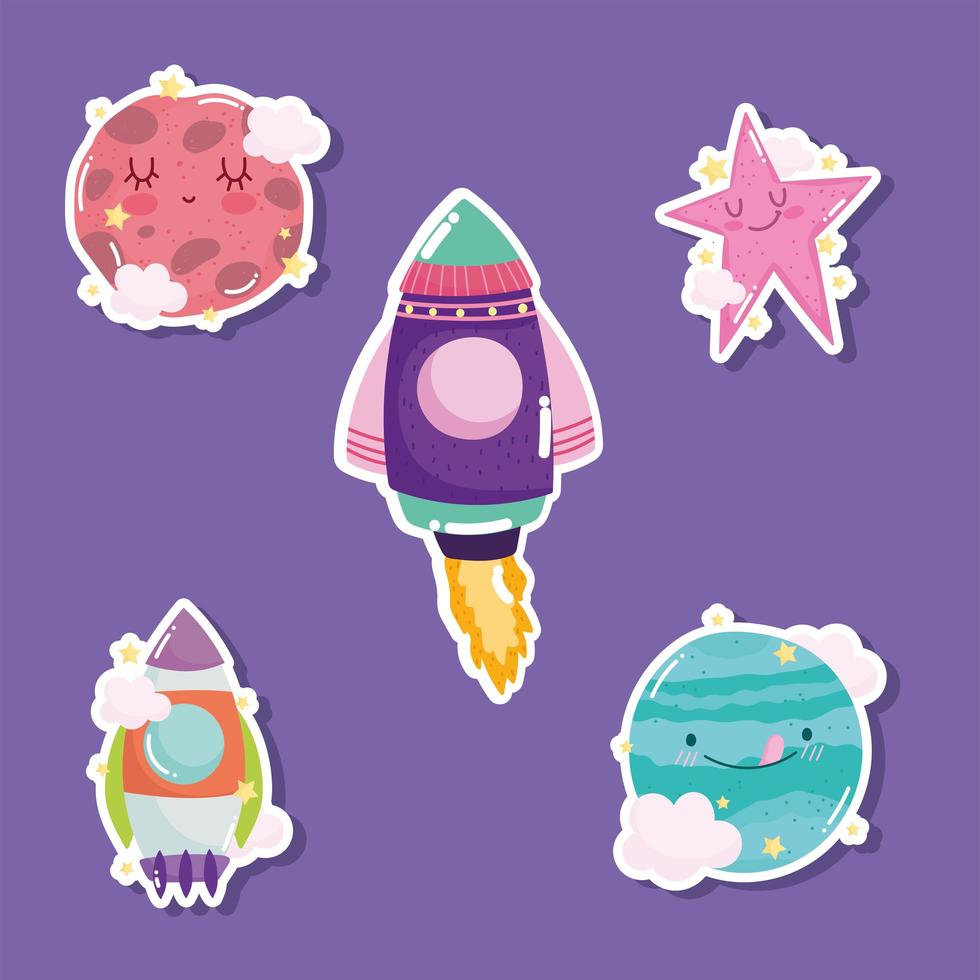 space adventure galaxy cute cartoon icons set rocket planets star vector