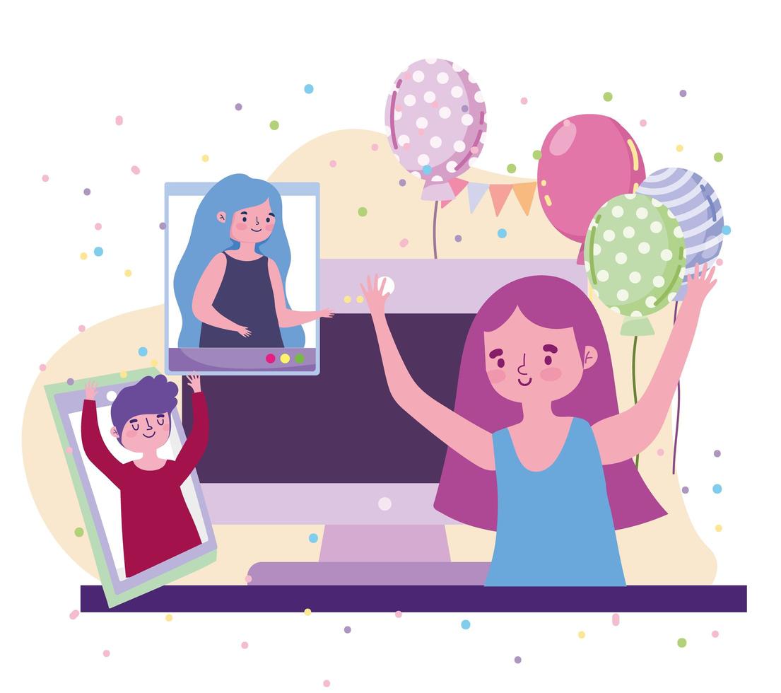 Fiesta virtual, evento de celebración de chicas con gente en videollamada. vector