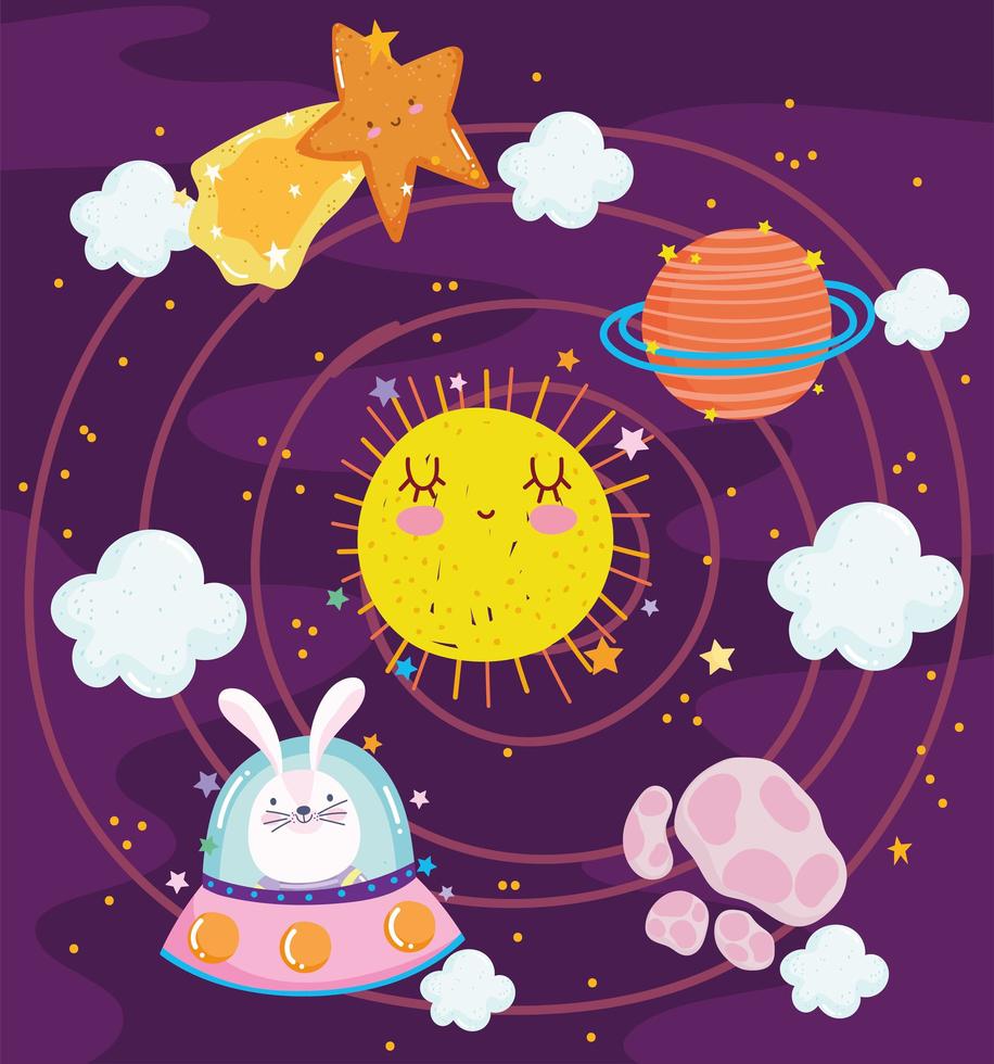 space rabbit in spaceship sun planets adventure explore animal cartoon vector