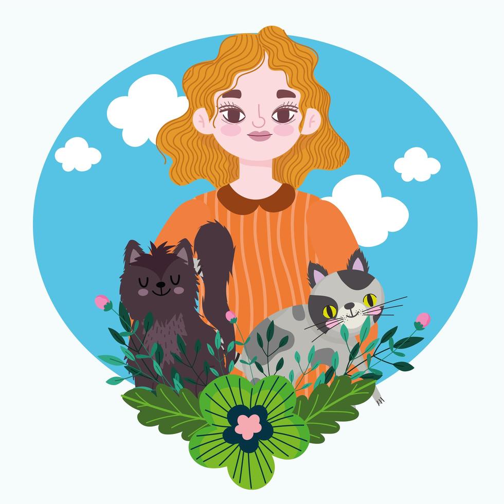 blonde woman with cute cats and flowers decoration cartoon vector