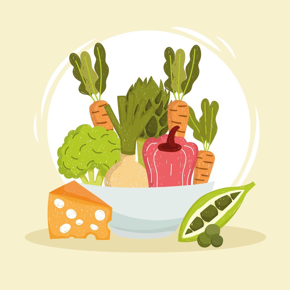 vegetables cheese and bowl vector