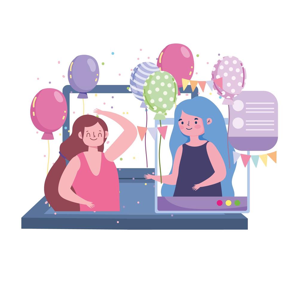 Fiesta virtual, celebración de cumpleaños de mujeres jóvenes por computadora portátil vector