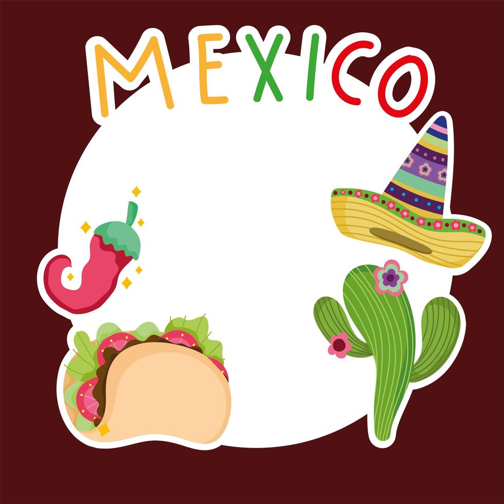 México sombrero de cactus taco ají cultura etiqueta tradicional vector