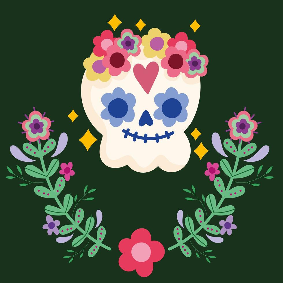 mexico dia de muertos calavera y flores decoracion cultura tradicional vector