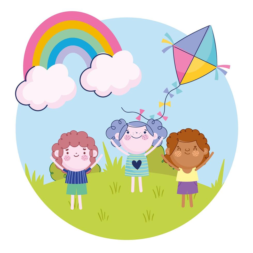 niña y niños felices con dibujos animados al aire libre de arco iris de cometa, niños vector