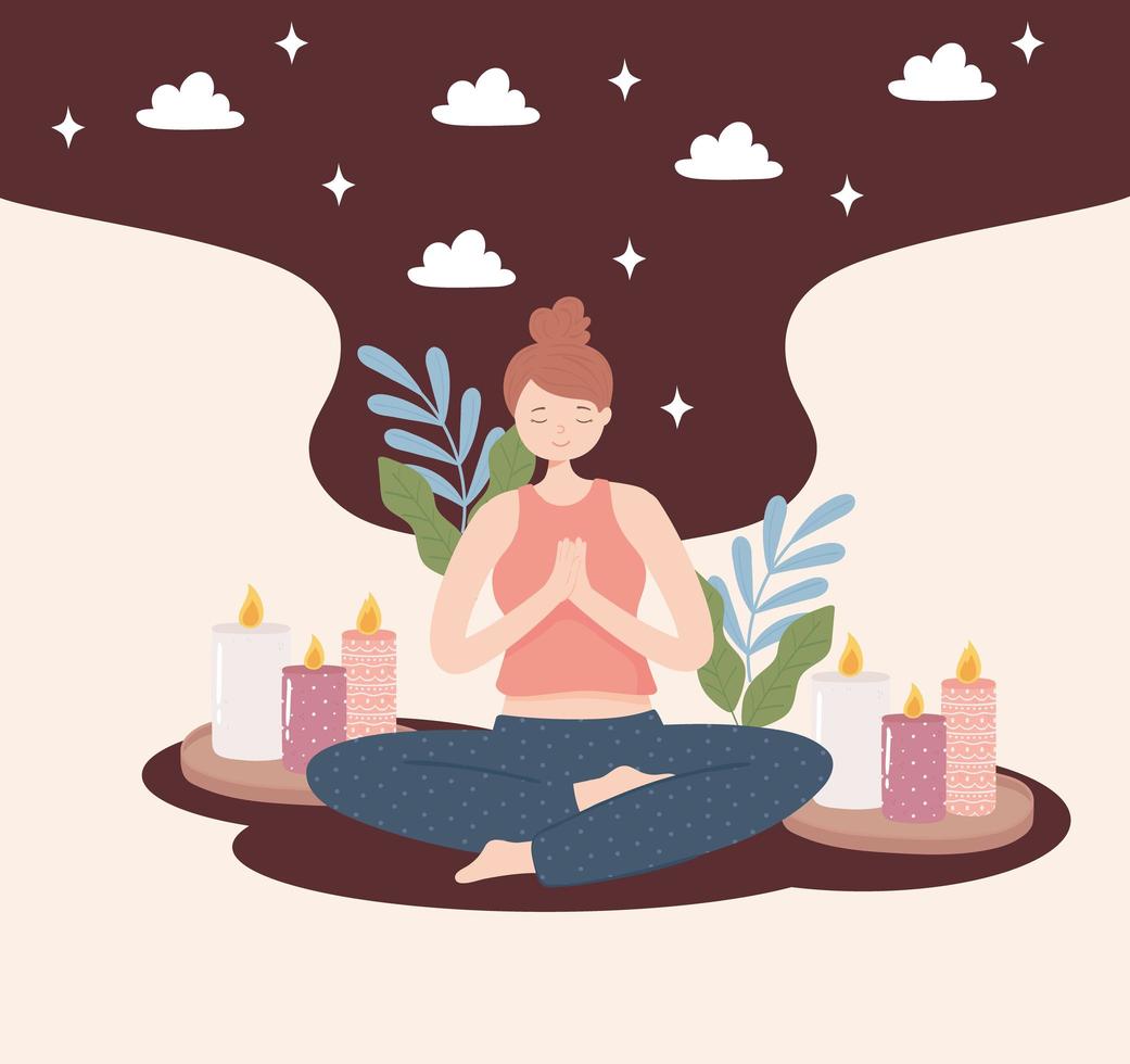 mujer yoga meditando vector