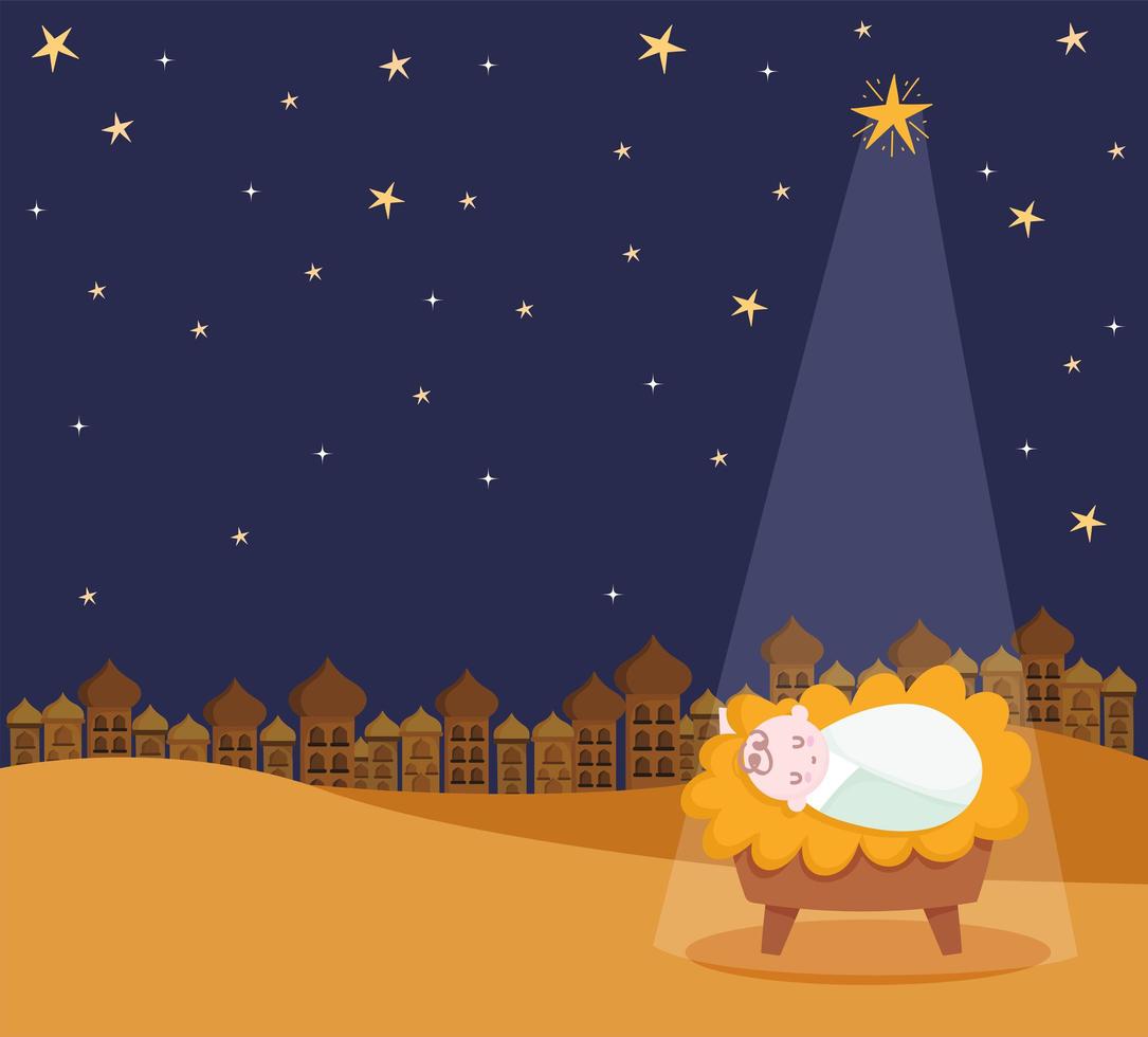 natividad, pesebre bebé jesús estrella y luz dibujos animados vector