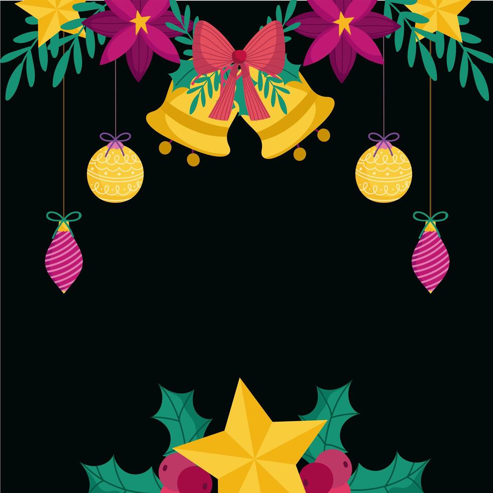 feliz navidad campanas doradas bolas estrella flor hojas decoracion tarjeta vector