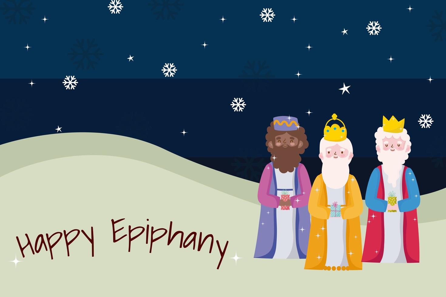 happy epiphany, three wise kings snowflakes decoration card vector