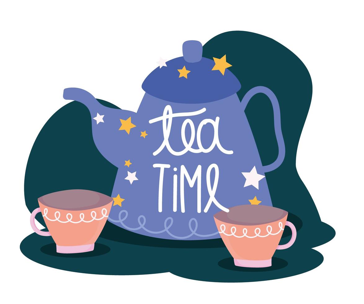 tea pot and cups cooking in cartoon style lettering vector