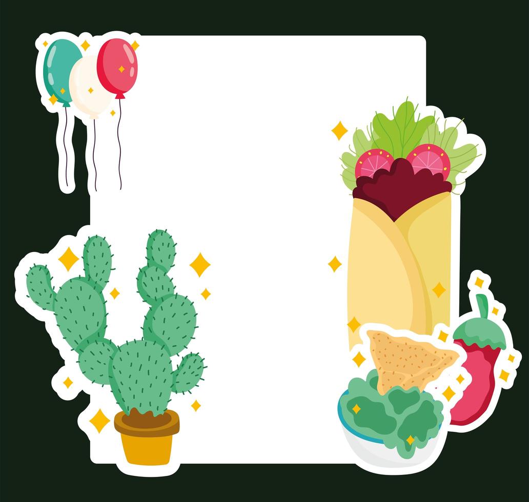 México cultura burrito nachos cactus guacamole diseño de etiqueta festiva vector