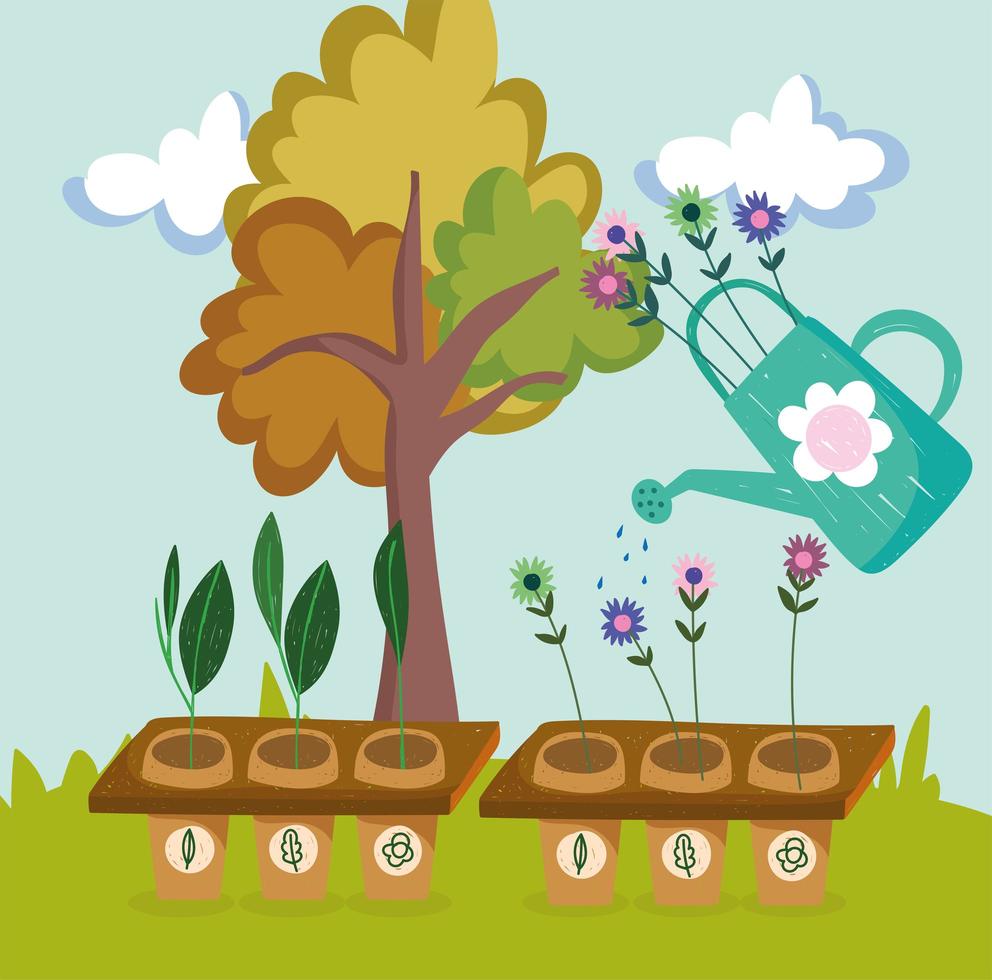 watering flowers and plants vector