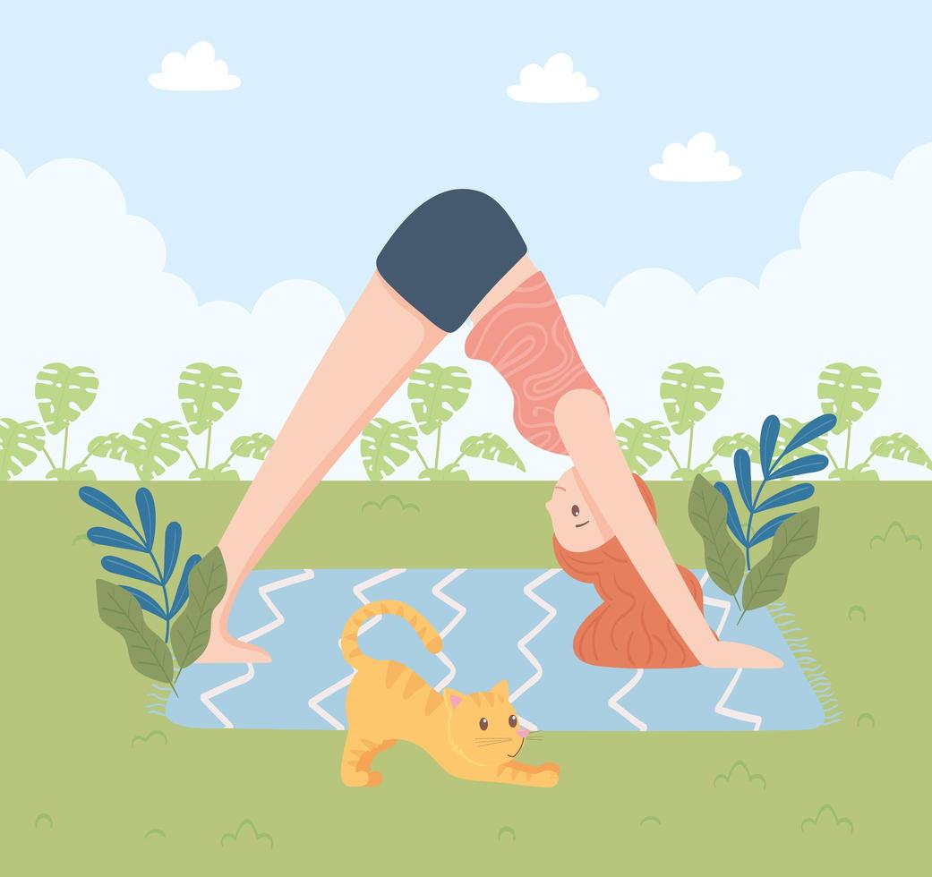 niña con gato haciendo yoga vector