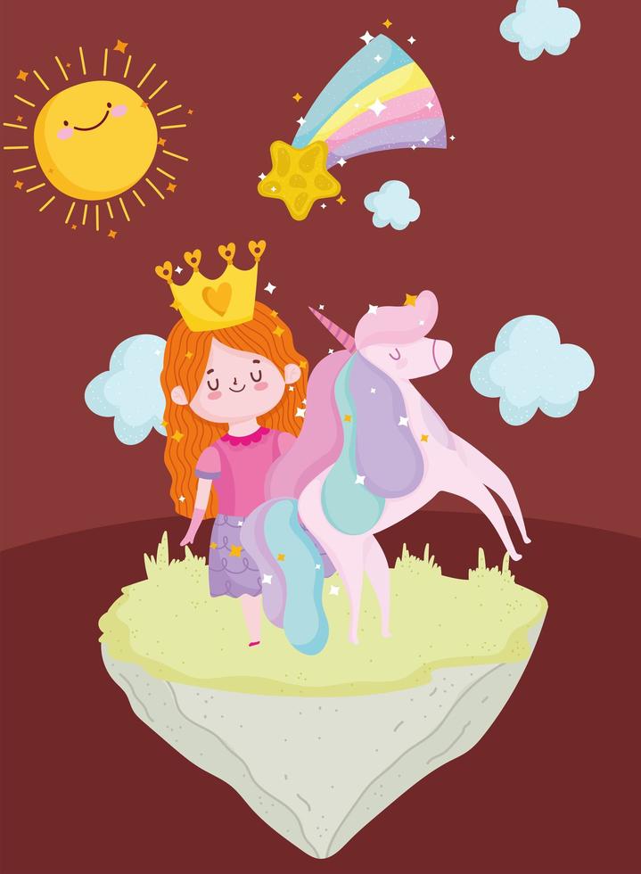 cuento de princesa con corona unicornio estrella y sol dibujos animados vector