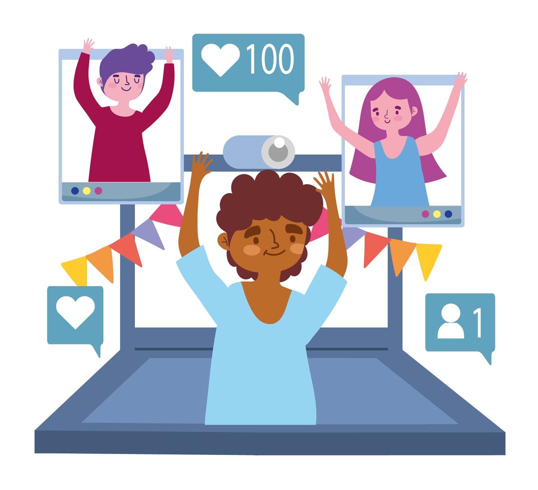 virtual party, boy in video call with people celebration party vector