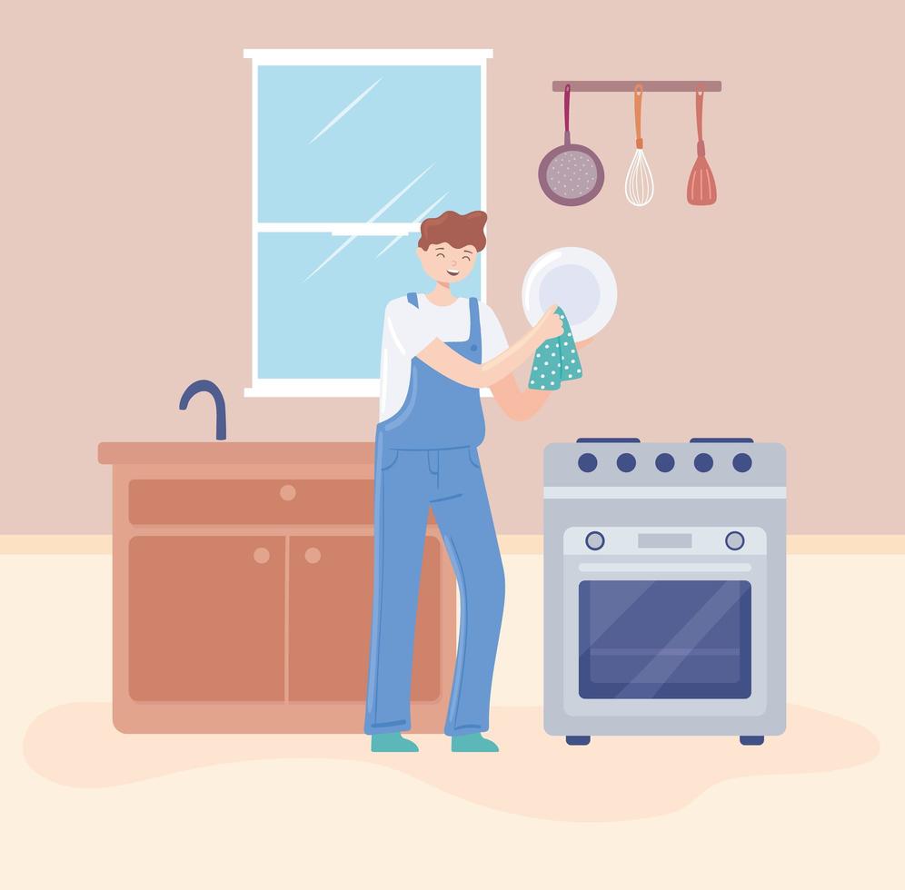 man cleaning in the kitchen vector