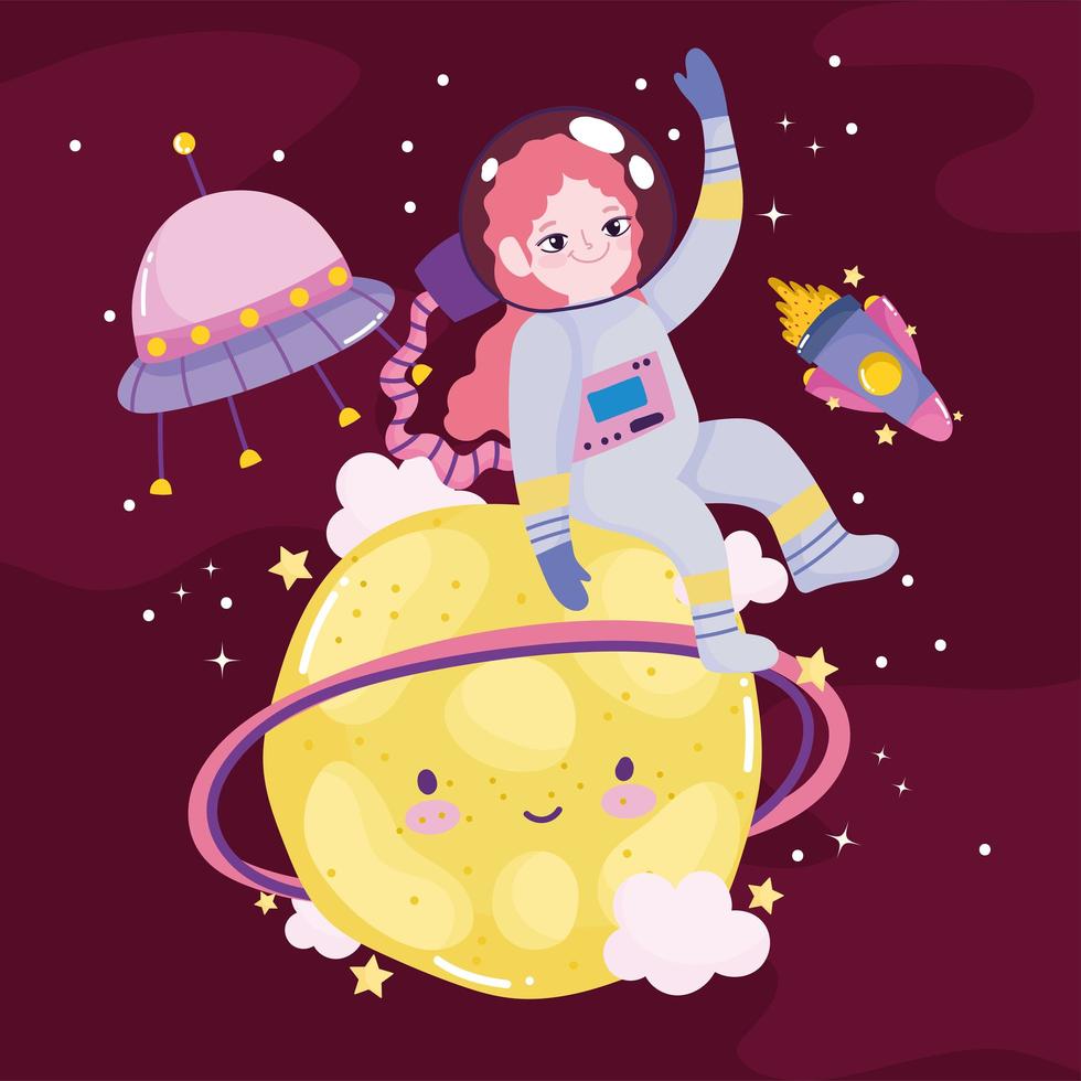 space adventure cute cartoon astronaut shuttle planet ufo and moon vector