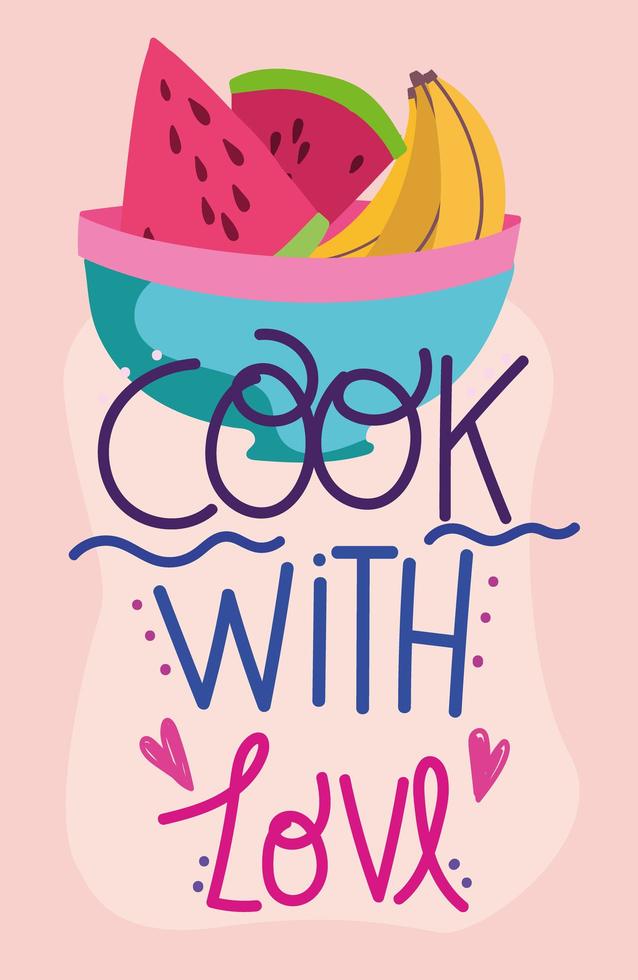 cooking fruits in bowl cartoon style lettering vector