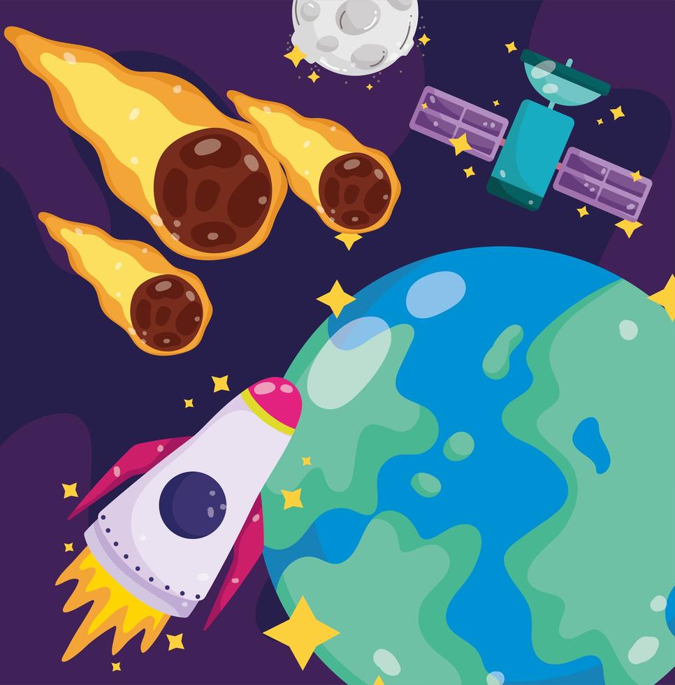 space earth spaceship satellite moon and falling asteroids cartoon vector