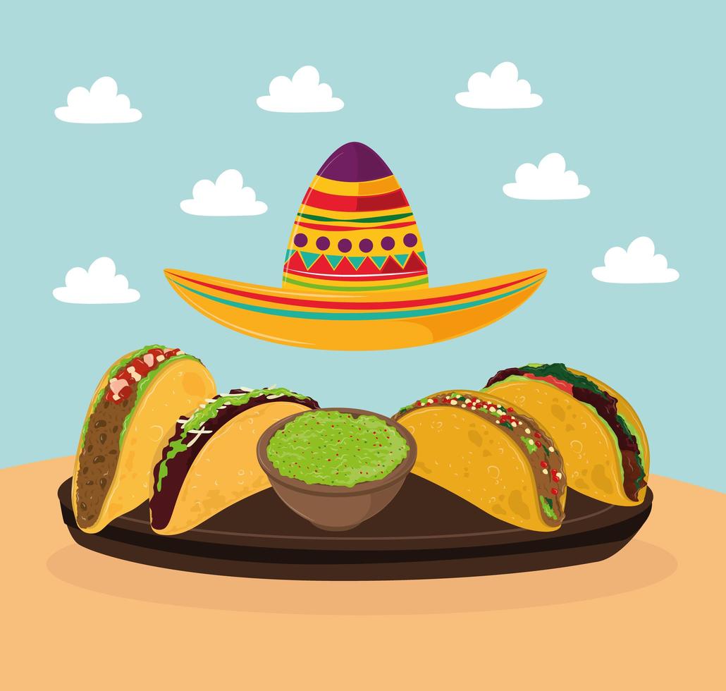tacos mexicanos y sombrero vector