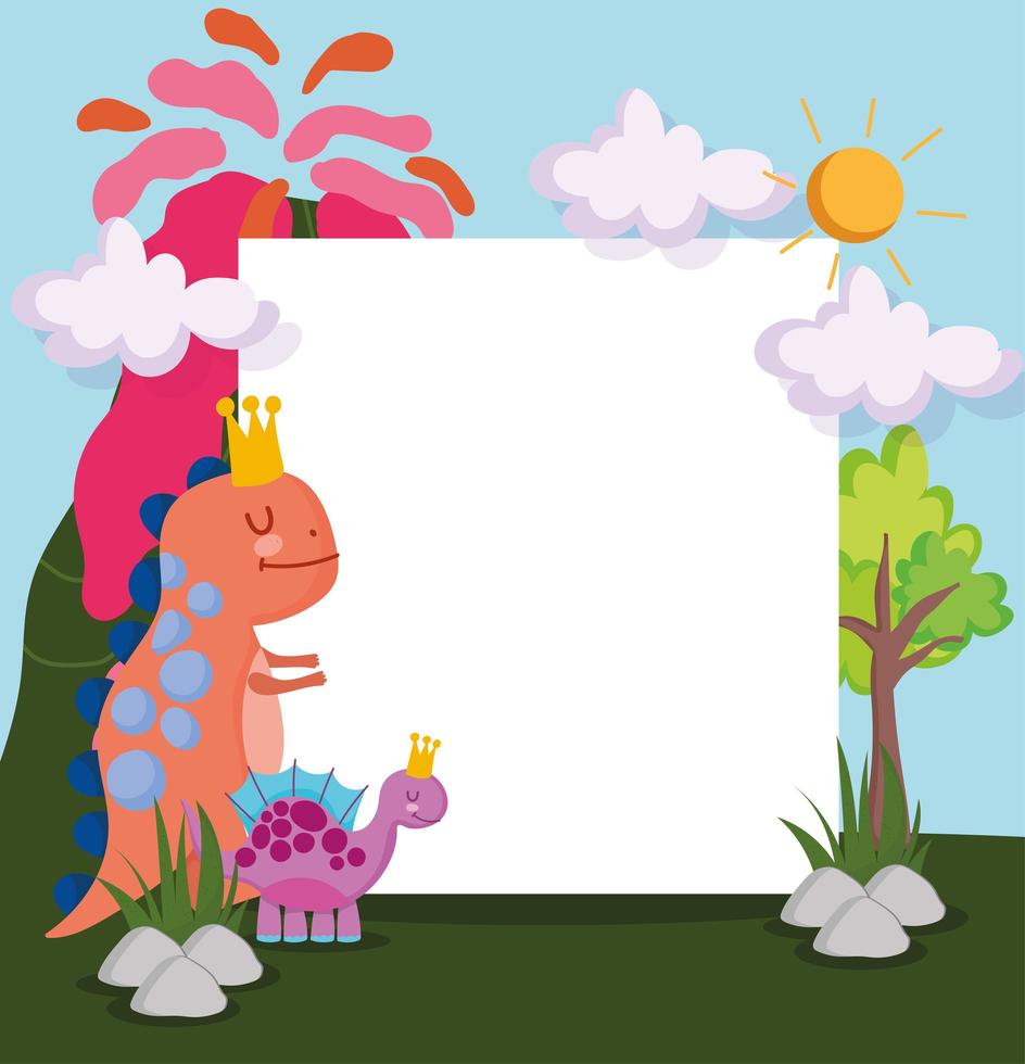 cute dinosaurs and blank sign vector