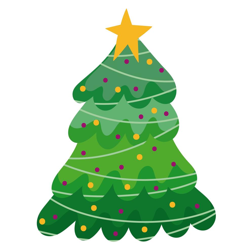 Feliz árbol de navidad con bolas decoración celebración diseño de iconos vector