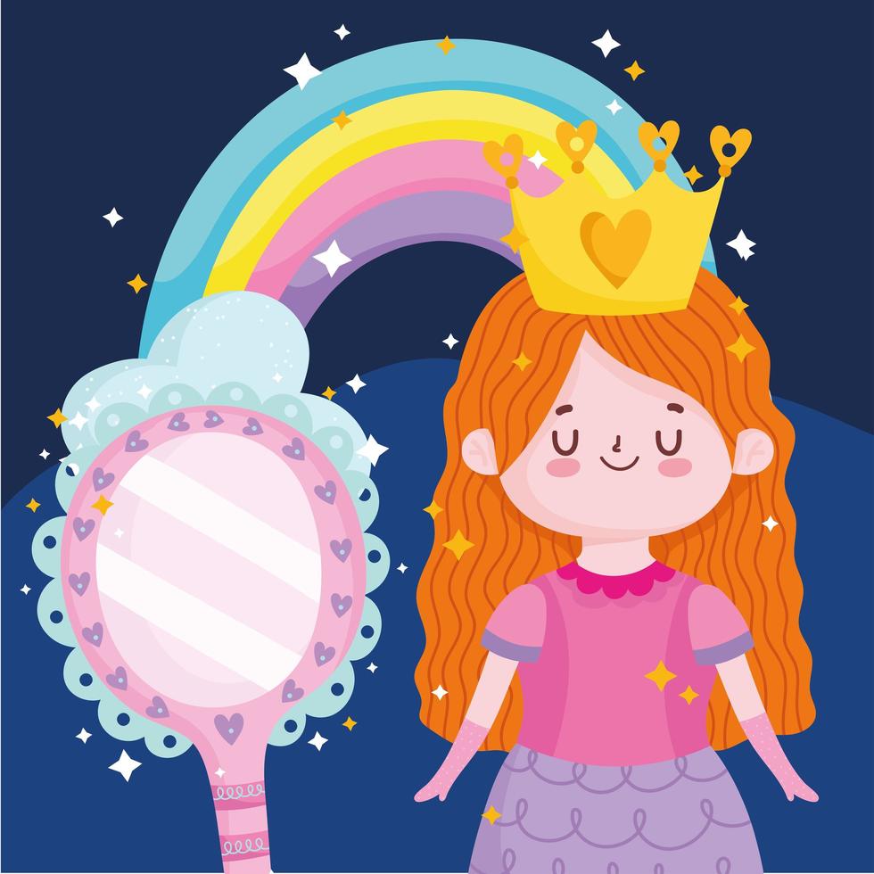 cuento de princesa niña de dibujos animados con corona arcoiris y espejo mágico vector