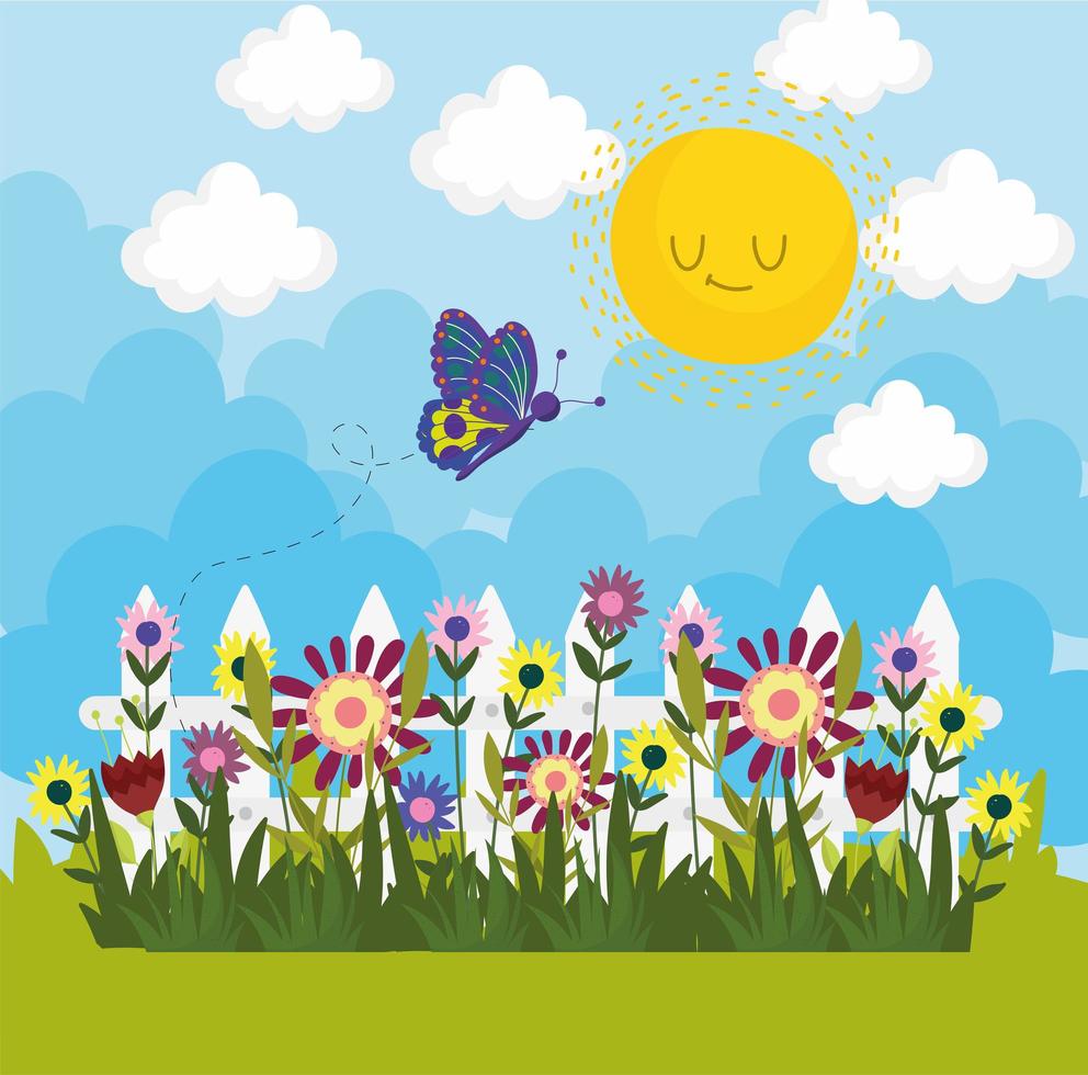 garden flowers and butterfly vector