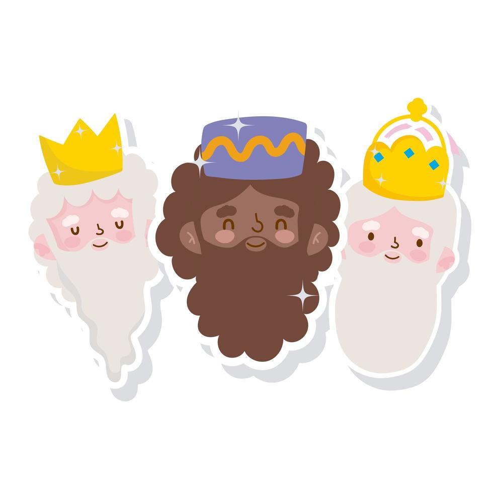 feliz epifanía, tres reyes sabios caras pegatinas iconos vector