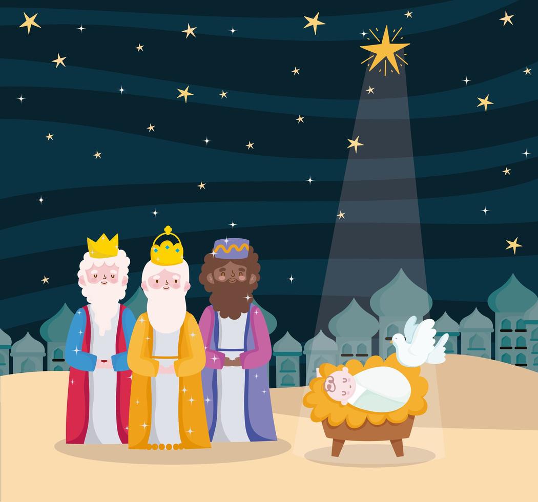 happy epiphany, three wise kings baby jesus dove and bright star in sky vector