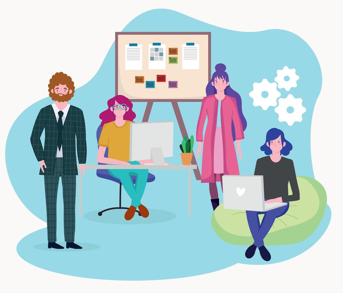 people working using laptop computer and board presentation office vector