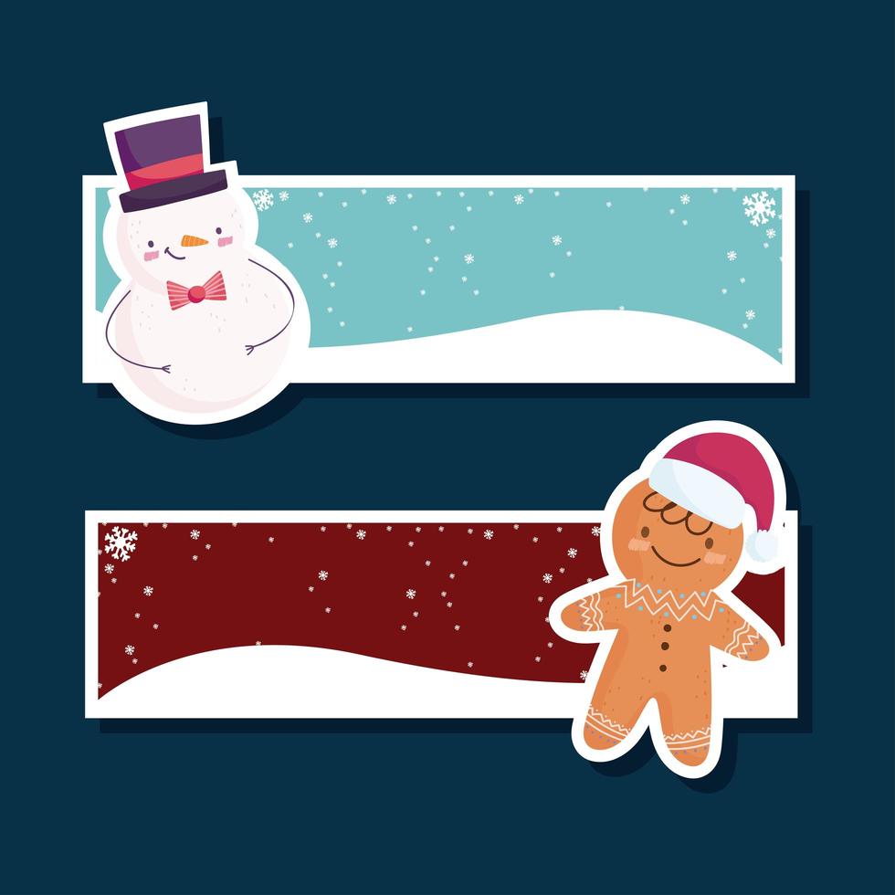 feliz navidad, pancarta con muñeco de nieve y hombre de jengibre vector