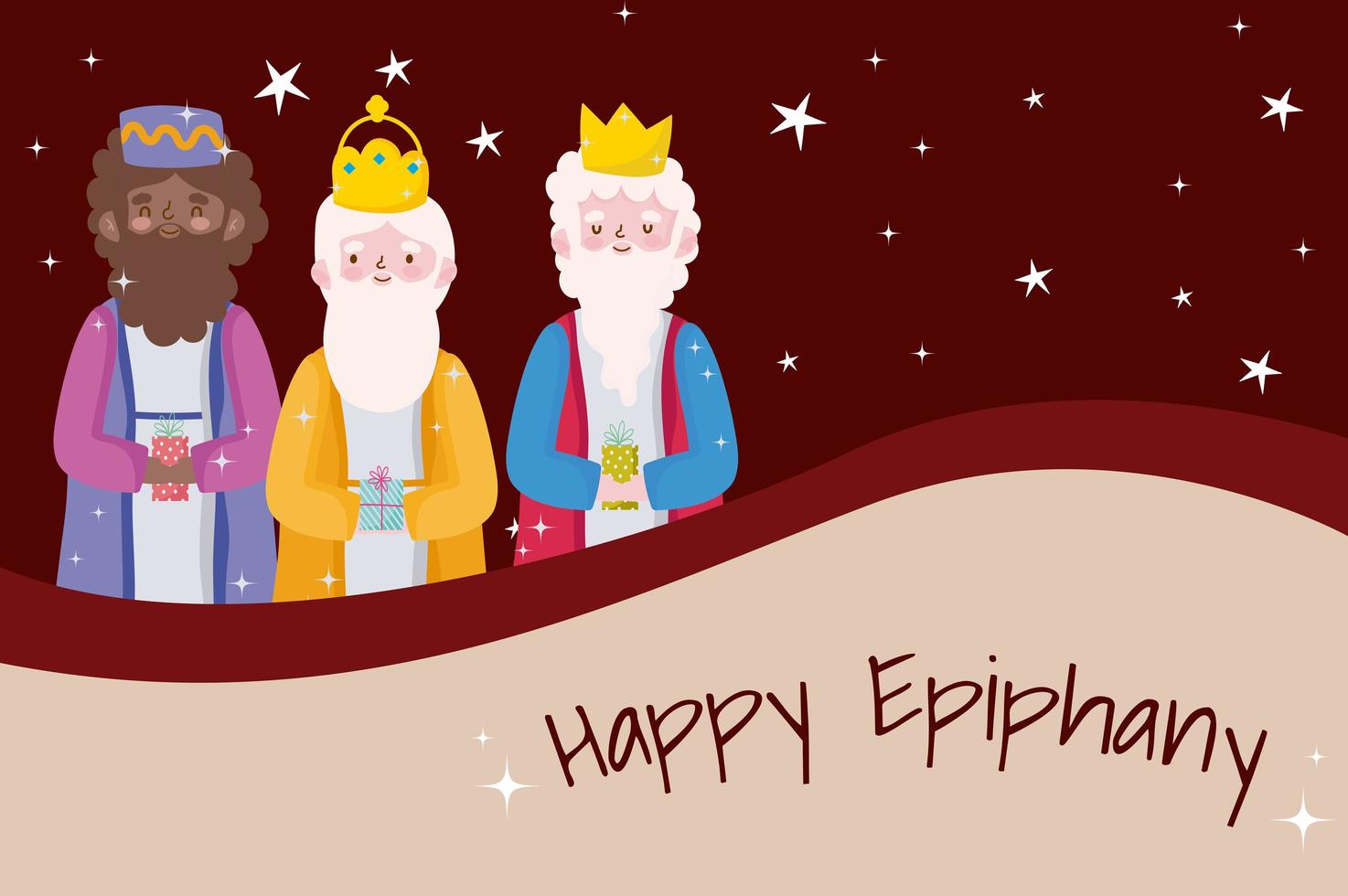 feliz epifanía, tres reyes sabios copos de nieve tarjetas de felicitación vector