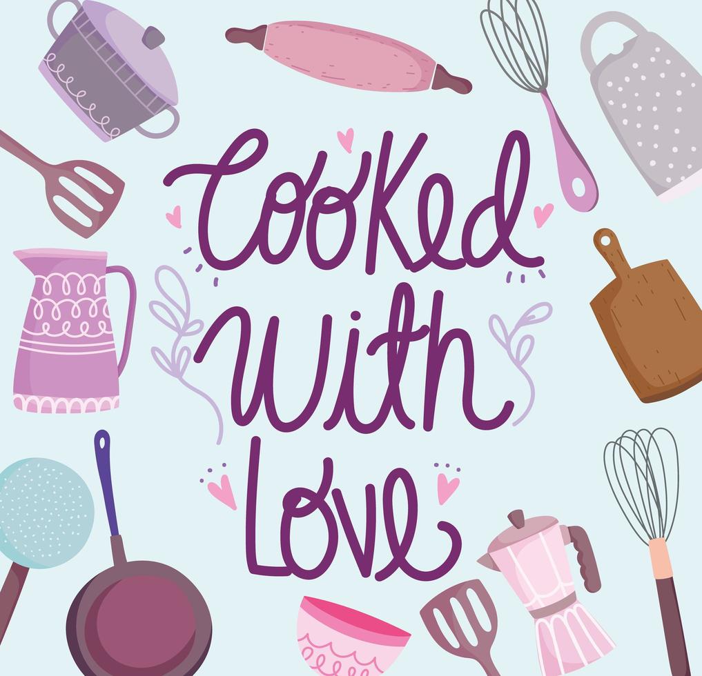 cooking with love utensils and cutlery kitchen, cartoon vector