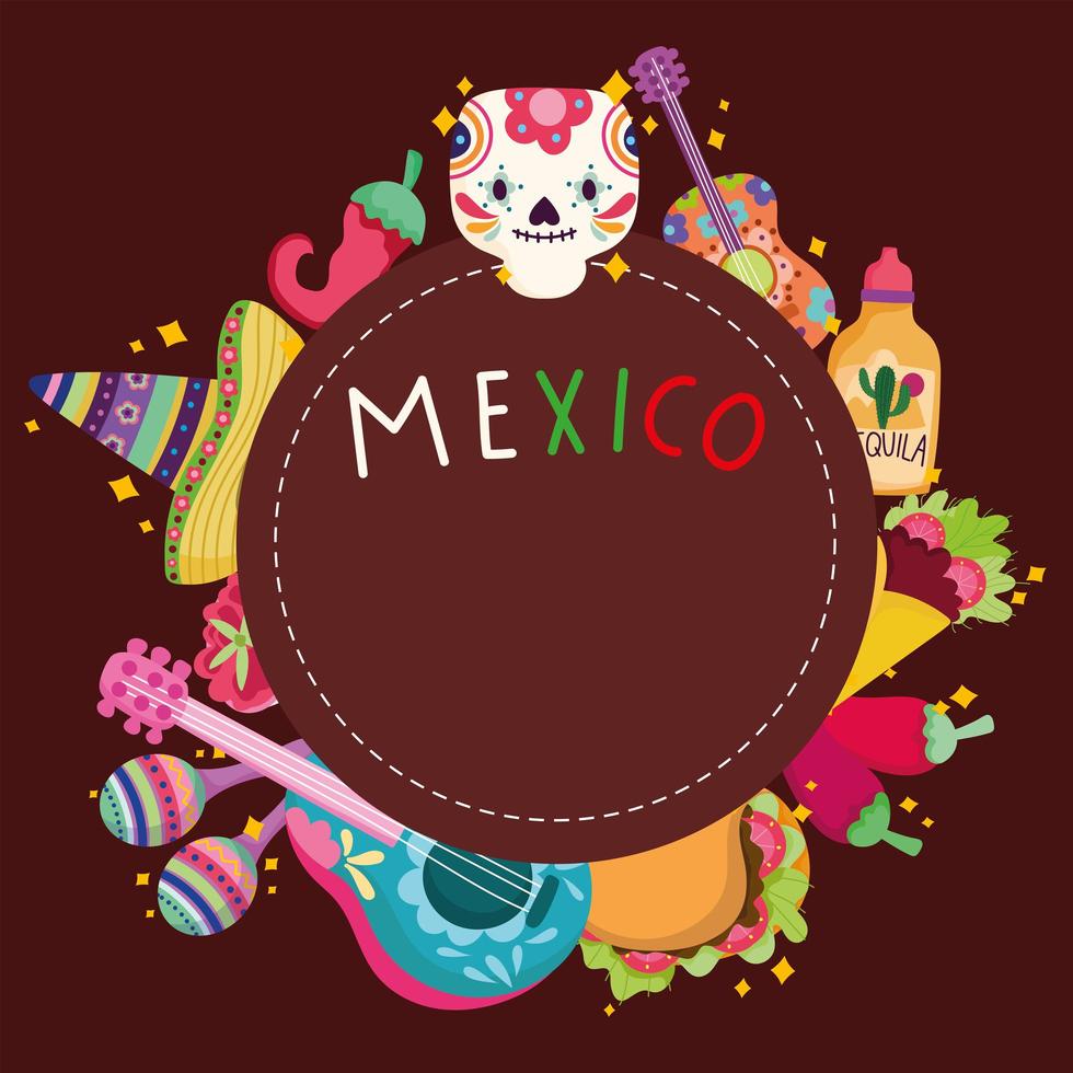 México cultura tradicional festivo calavera sombrero guitarra cactus comida tequila etiqueta vector