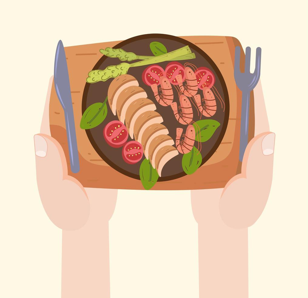 hands with healthy menu vector