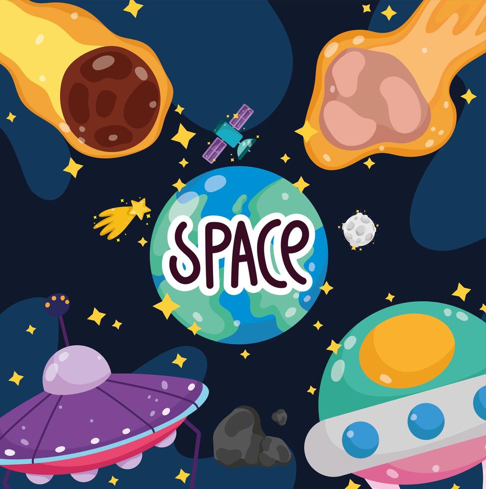 space cartoon explore earth planet ufo spaceship asteroids shooting star vector