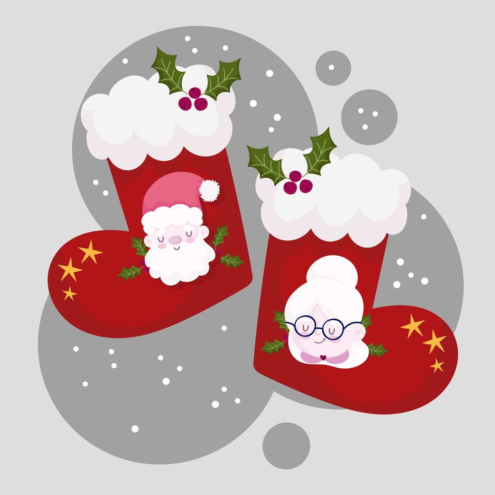 merry christmas, red stocking with faces of santa and wife cartoon vector