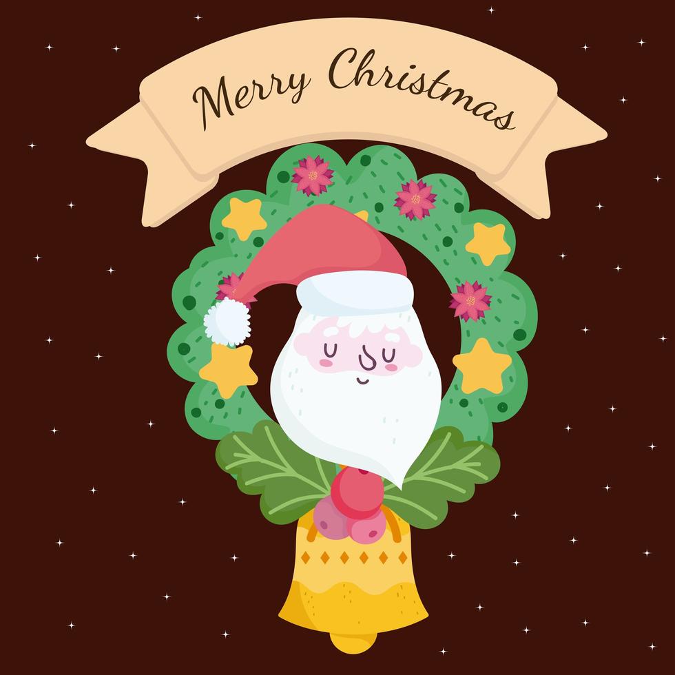 merry christmas, santa face wreath with balls and bell card vector